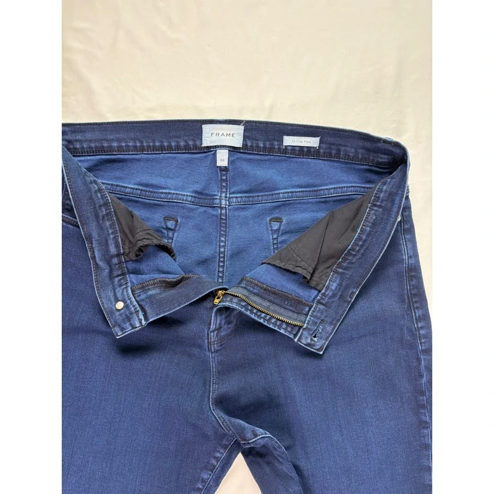 FRAME Le Crop Flare Jeans Women 33 Fiona High Rise Dark Blue Boho Raw Hem Shabby